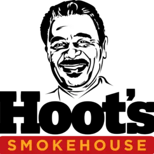 Hoot's Smokehouse logo. A mans face with the words hoots smokehouse next to it.
